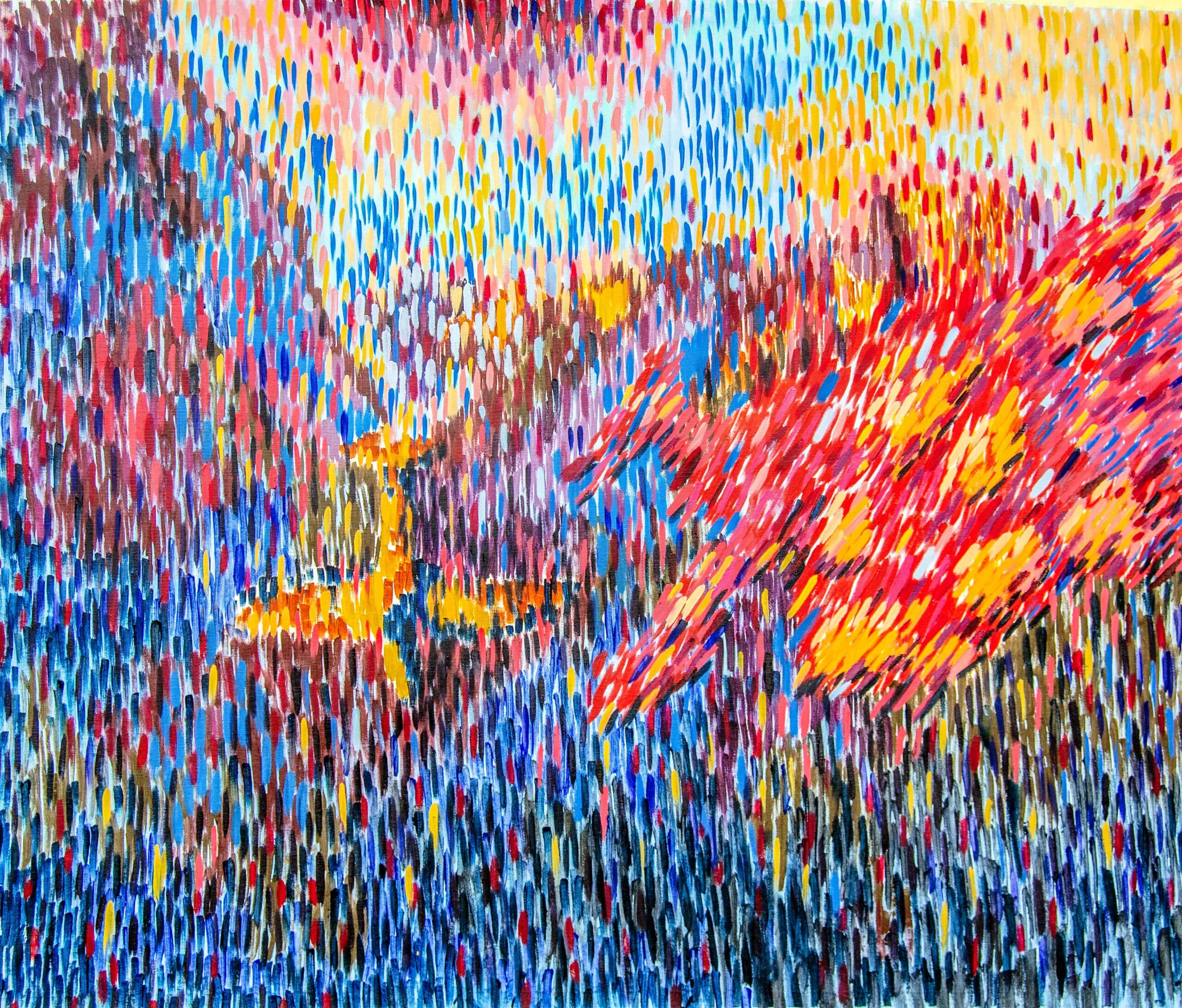 Kamikaze airplane crashing, oil painting, history, pointillism